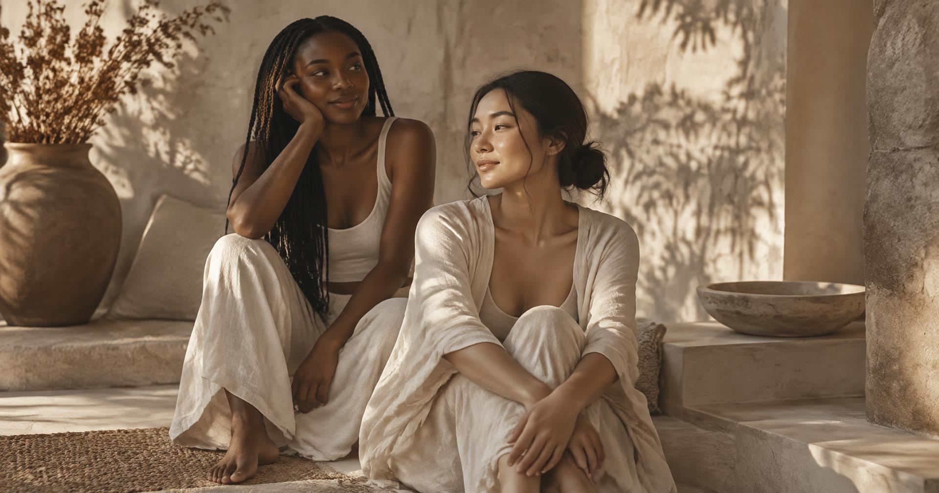 Two women sitting together in warm light after practice, botanical shadows on the plaster wall