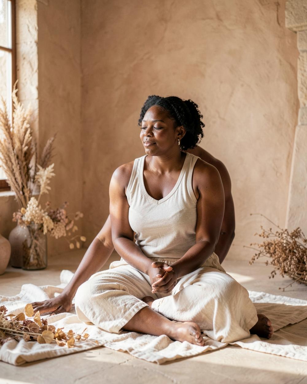 A woman resting on cream linen in a warm plaster studio after practice